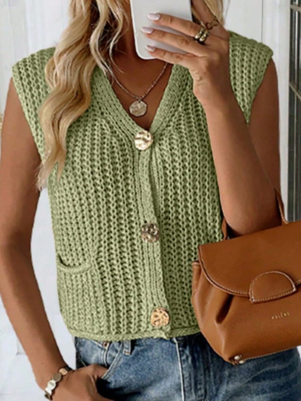 Olive Green Casual Women's V-Neck Ribbed Knit Cardigan Vest